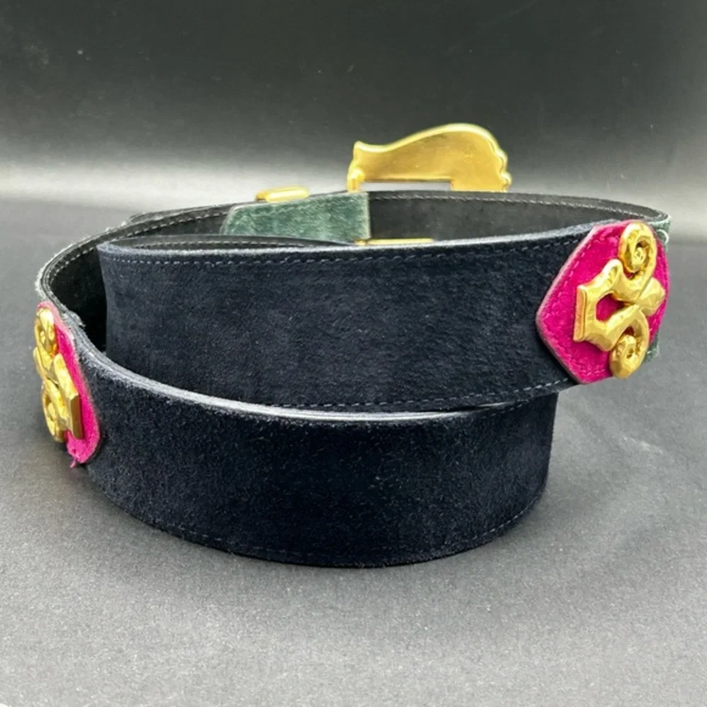 VTG‎ 80s-90s Doncaster Green Navy Pink Suede Leather Gold Women's Belt 40”